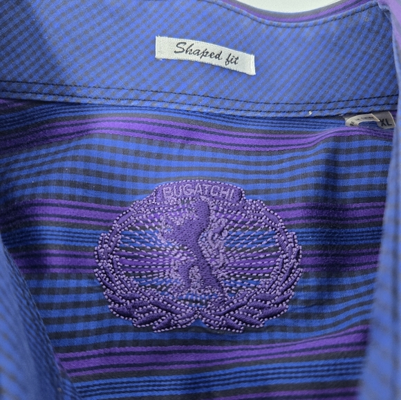 BUGATCHI BUTTON UP DRESS SHIRT FLIP CUFF BLUE & PURPLE STRIPE MEN XL SHAPED FIT - Picture 8 of 11
